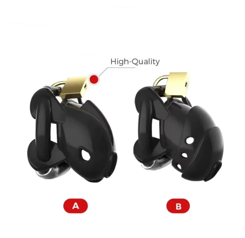 Male Chastity Cage Device Full Cover Cock Lock with Penis Ring - Black/White - metalchastitycage