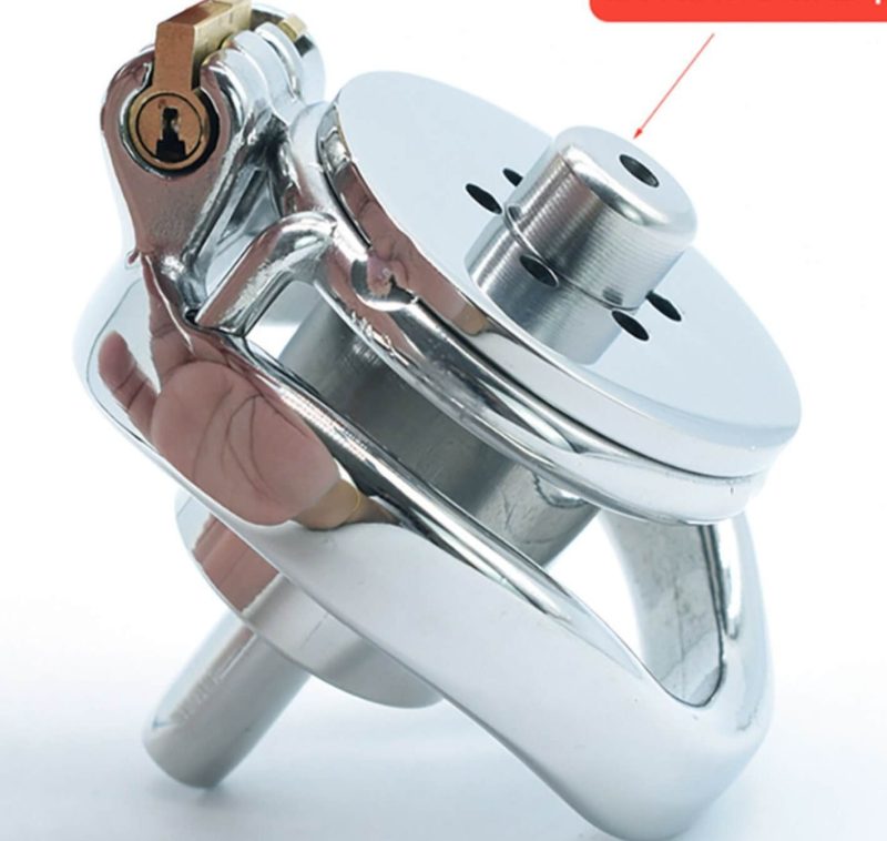 Flat 304 Stainless Steel Chastity Cage featuring a Metal Built-in Catheter - metalchastitycage