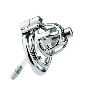 Metal chastity cage with silicone urethral tube